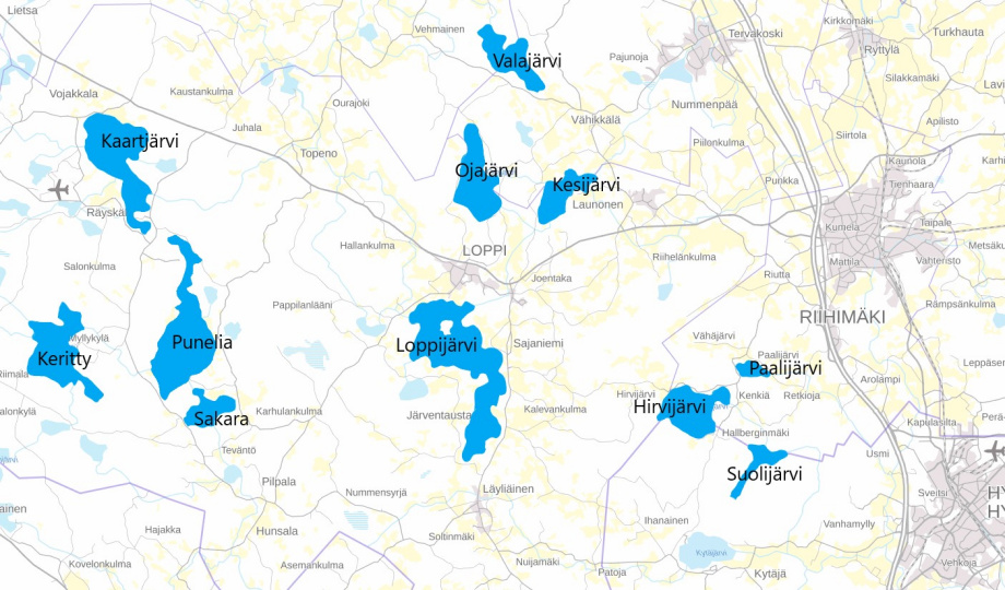 Yhtenäislupa-alue järvien nimillä